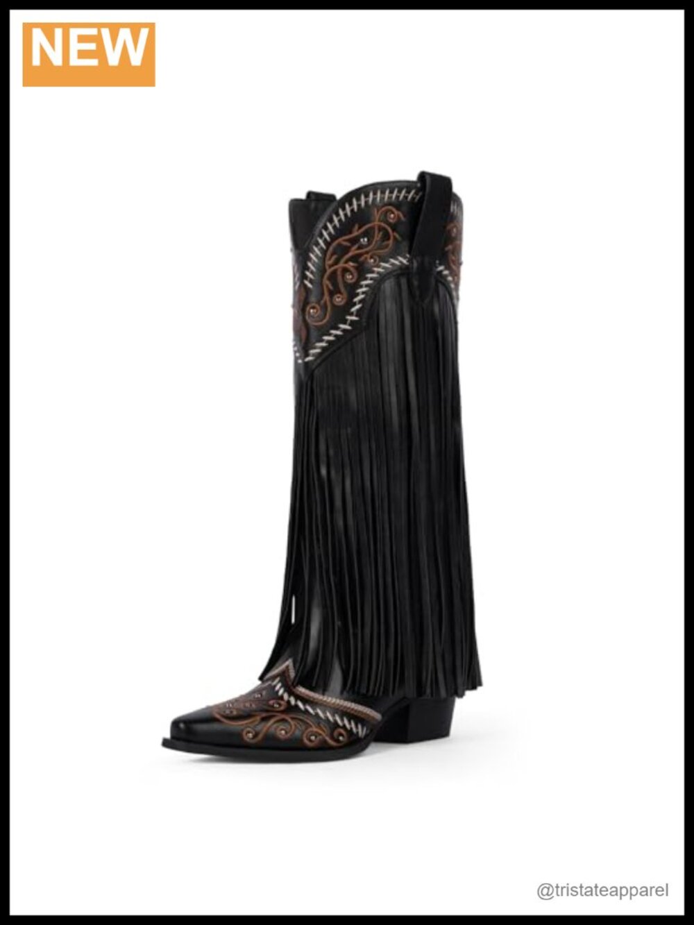 Fringe Cowboy Boots Knee High Cowgirl Pointed Toe Chunky Heel Faux Leather